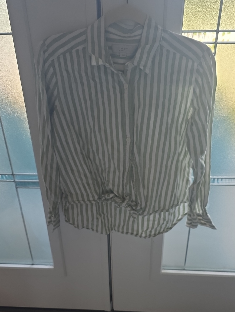LOFT Green & White Vertical Stripe Casual Button-Down Shirt